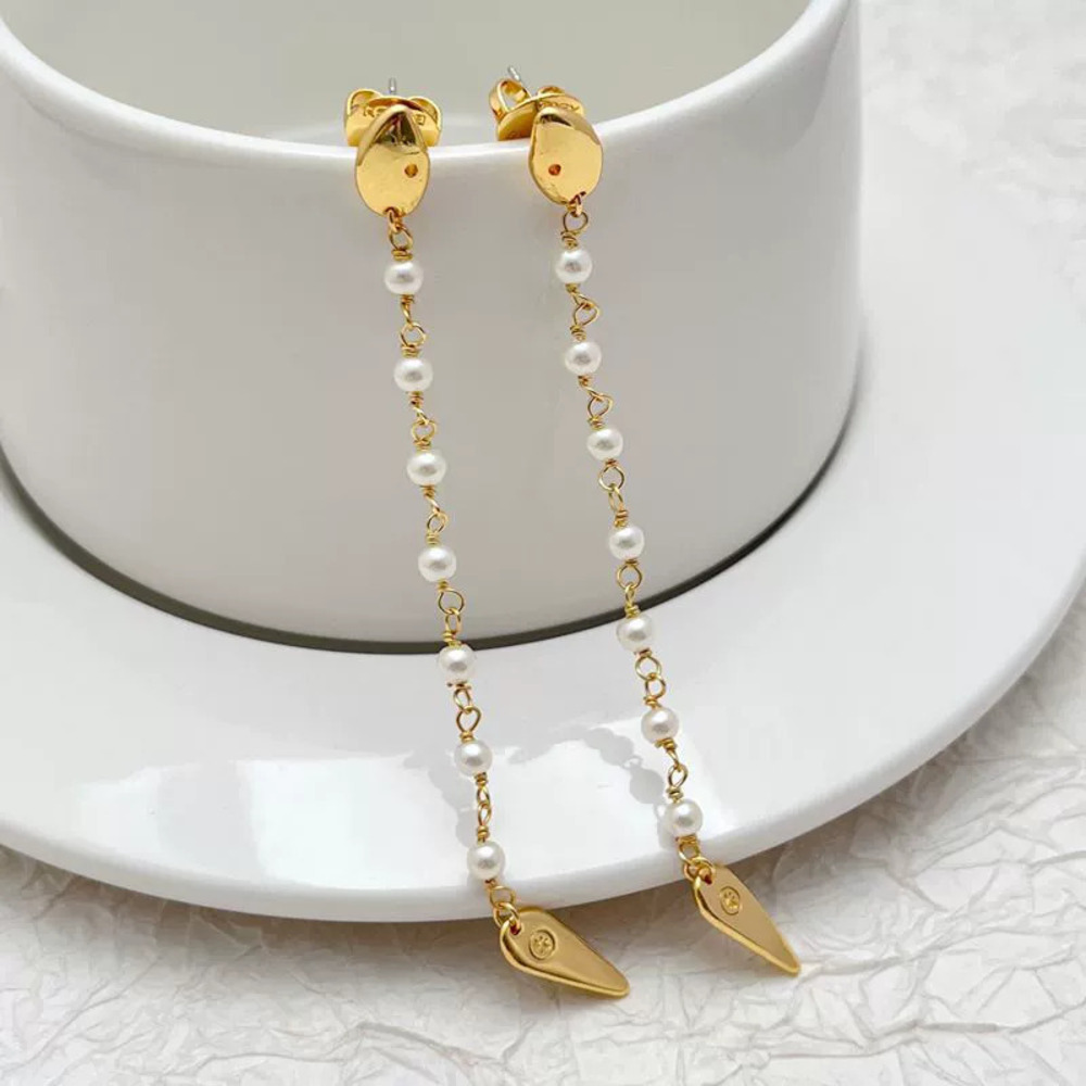 Tory Burch Gold Plated Copper Snake Shape Long Drop Earrings Pearl Tassel